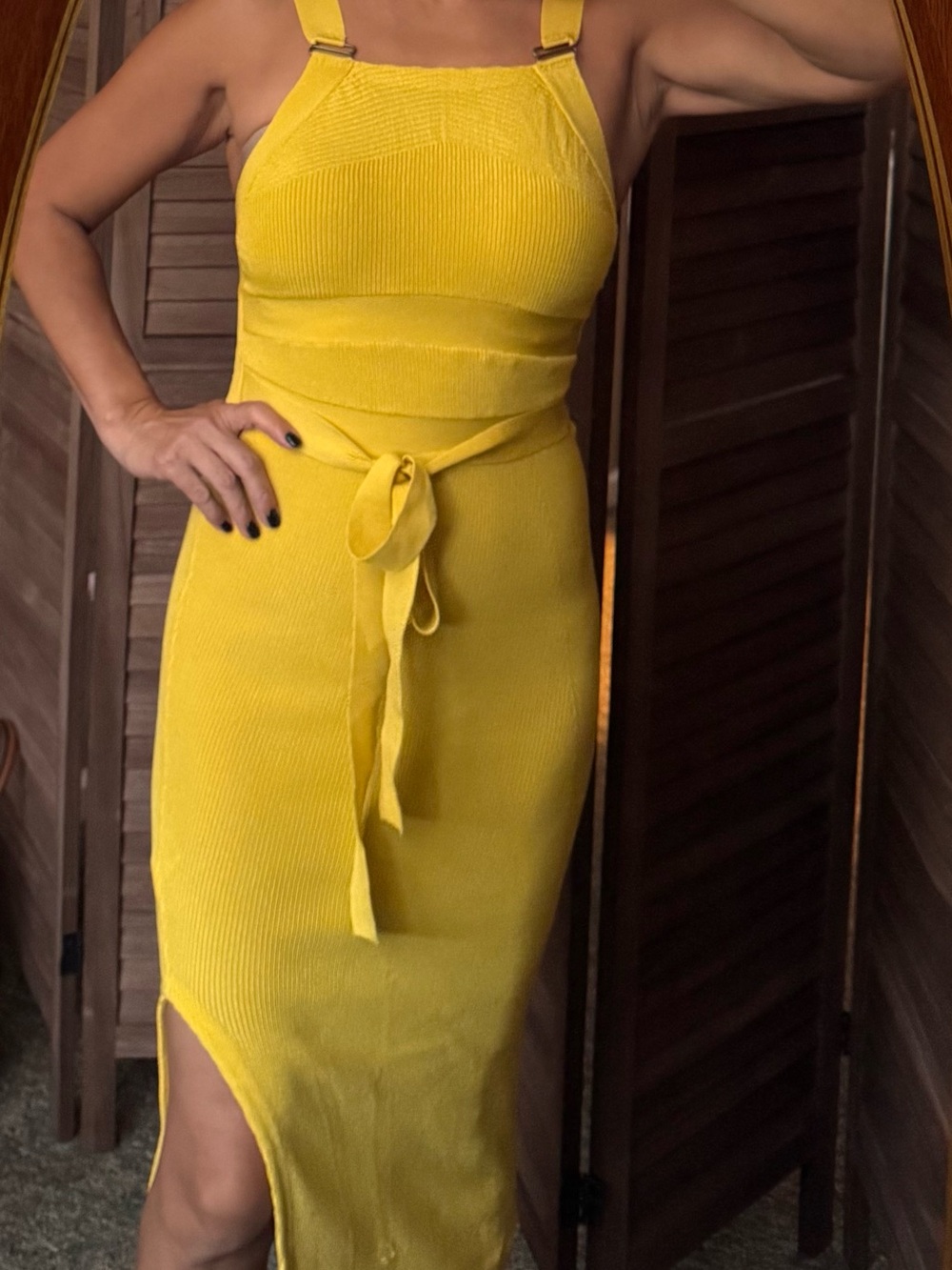 Free People Bright Yellow Ribbed Halter Midi Dress with Waist Tie